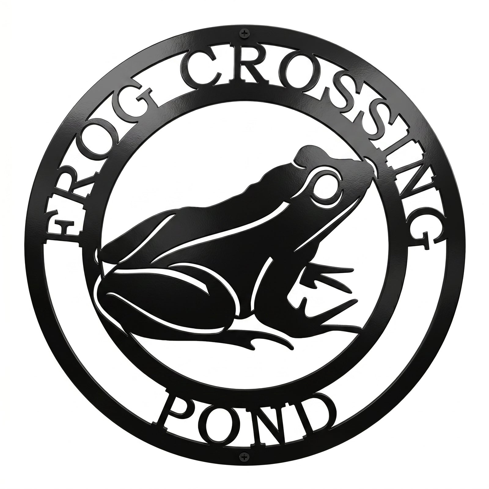 Black frog crossing pond metal wall art sign with circular nature design on white background
