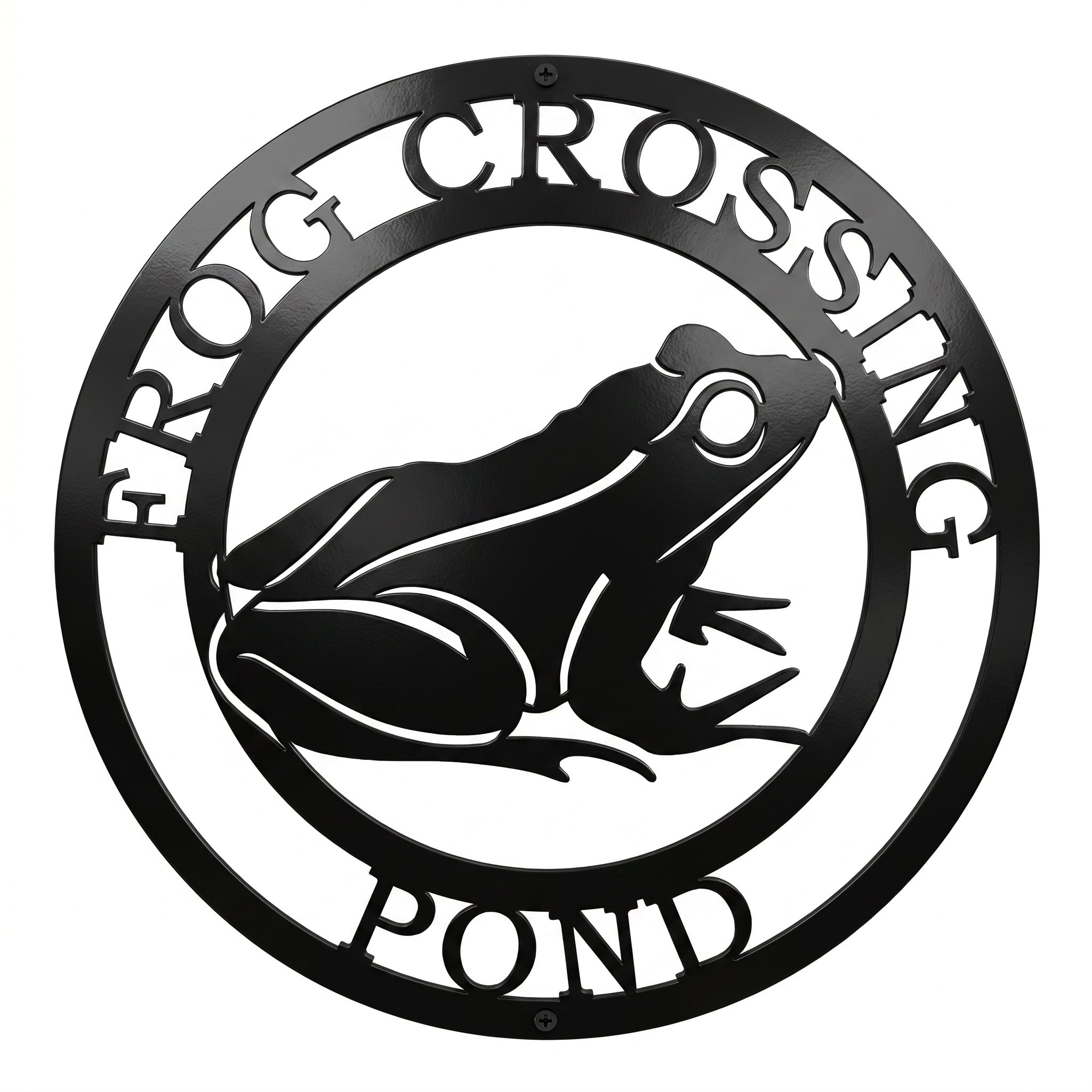 Black frog crossing pond metal wall art sign with circular nature design on white background