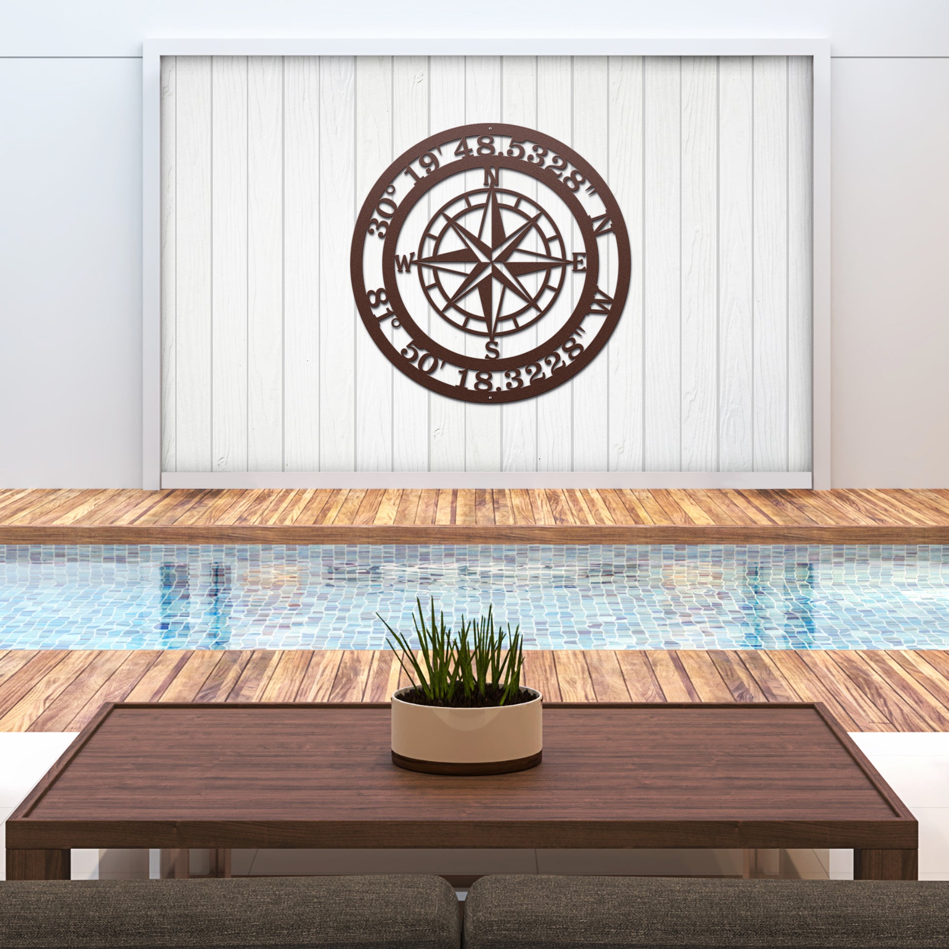 Personalized GPS Coordinates Compass Metal Sign highlighting custom GPS coordinates elegantly framed in a compass design, showcased on a wall, ideal for home or office decor, and a perfect housewarming gift.