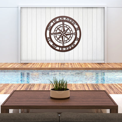 Personalized GPS Coordinates Compass Metal Sign highlighting custom GPS coordinates elegantly framed in a compass design, showcased on a wall, ideal for home or office decor, and a perfect housewarming gift.