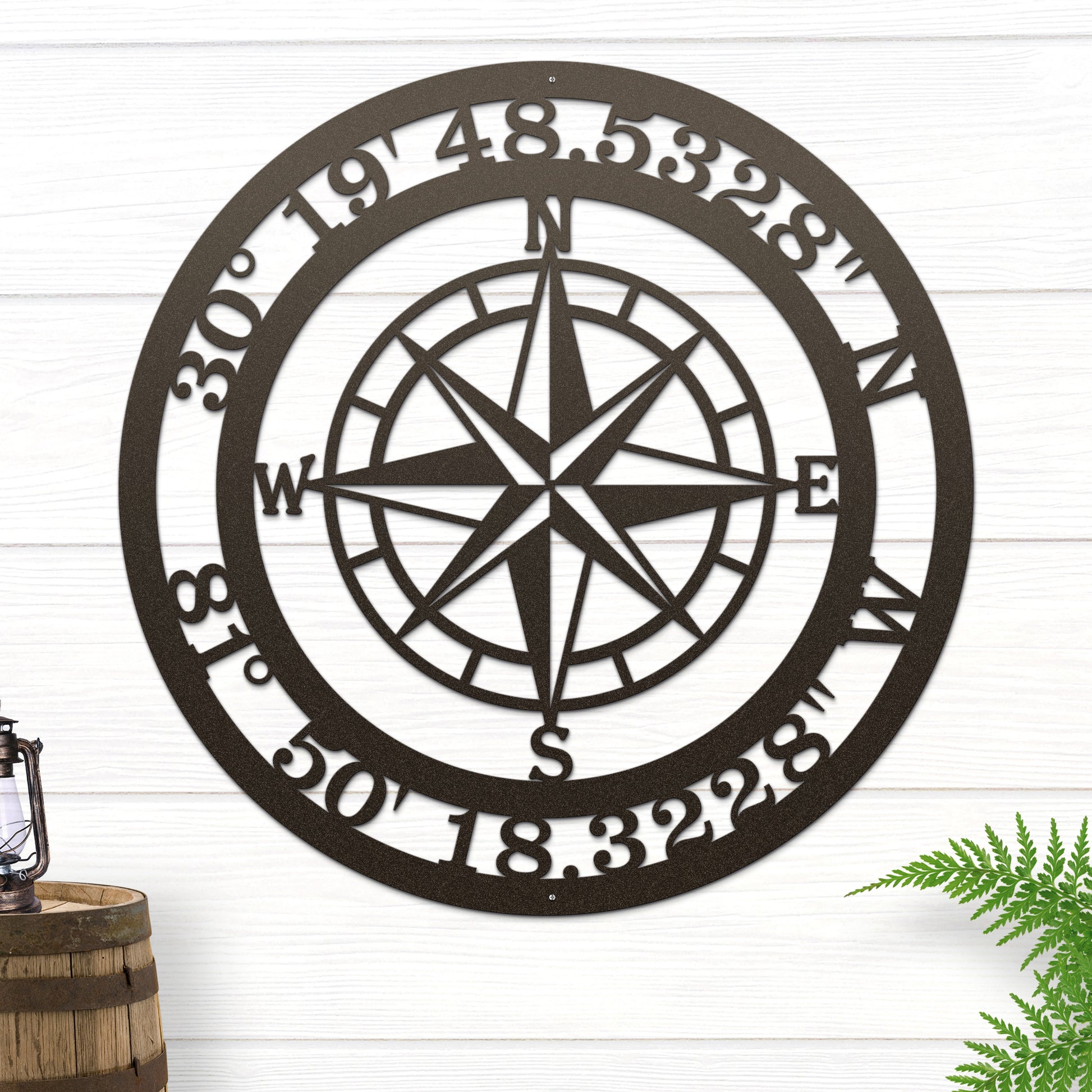 Personalized GPS Coordinates Compass Metal Sign showcasing an elegant compass design with customizable GPS text, ideal for home decor. Perfect wall décor for bedroom, office, kitchen, living room, or housewarming gift.