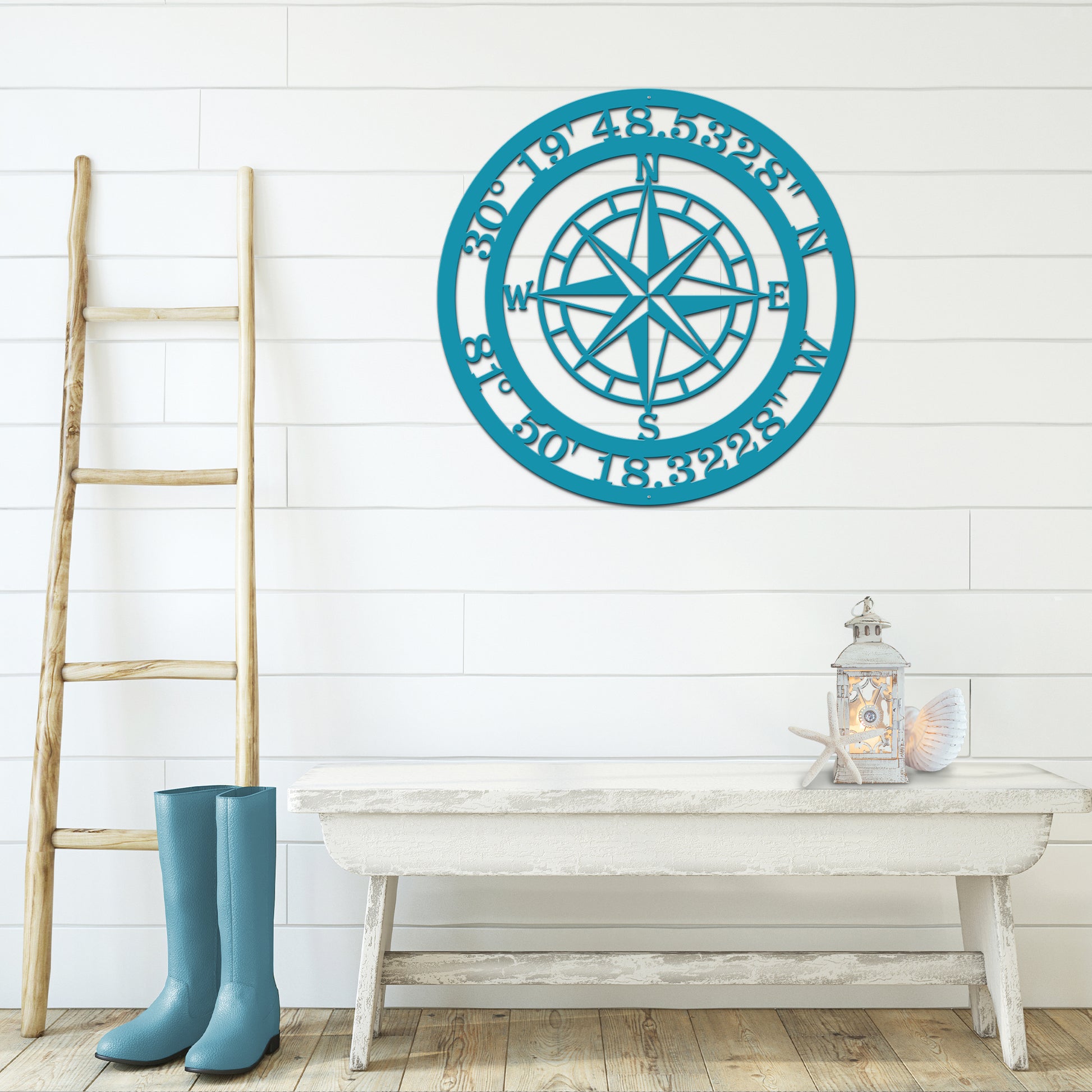 Personalized GPS Coordinates Compass Metal Sign featuring a blue compass design, elegantly crafted for home or office decor. Ideal as a custom wall accent or unique gift.