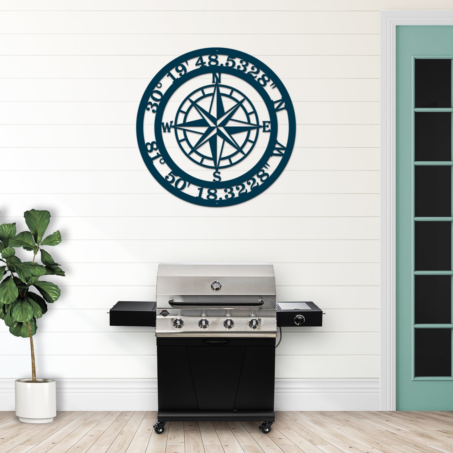 Personalized GPS Coordinates Compass Metal Sign displayed on a wall, featuring a compass design with customizable GPS text, perfect as wall décor for homes or offices. Ideal for gifting and personalization.