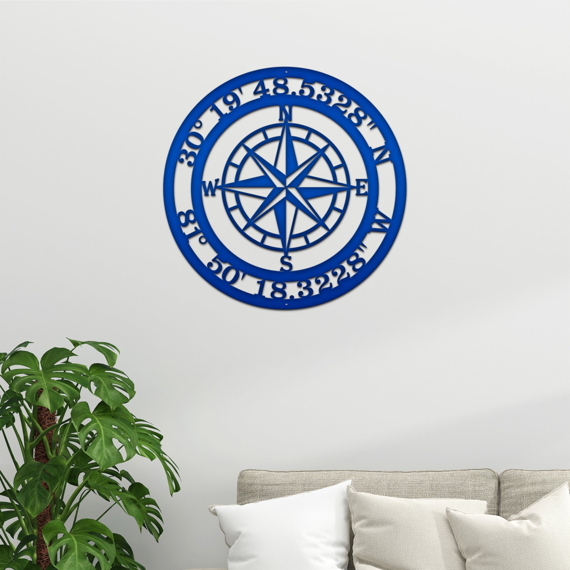 Personalized GPS Coordinates Compass Metal Sign showcasing a classic compass design, perfect for home decor. Ideal for personalizing with GPS coordinates. A stylish conversation starter from House Sensations Art.