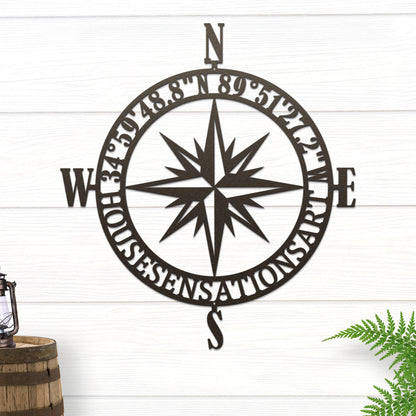 Personalized GPS Compass Rose Star - a metal nautical wall art piece, featuring intricate compass design, ideal for indoor or outdoor decor, available in sizes 12 to 60.