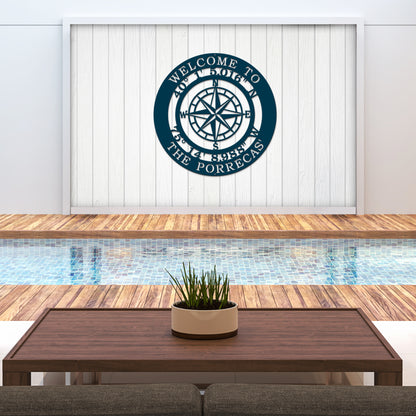 Personalized GPS Compass Metal Quote Sign - Personalized Nautical Wall Art, Family Name & Date - Indoor Outdoor Metal Decor, Housewarming or Wedding Gift for Couples