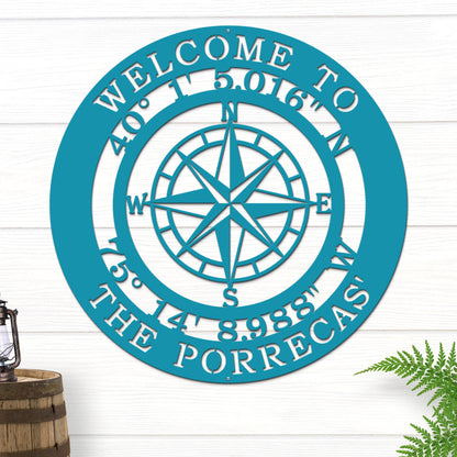 Personalized GPS Compass Metal Quote Sign - Personalized Nautical Wall Art, Family Name & Date - Indoor Outdoor Metal Decor, Housewarming or Wedding Gift for Couples