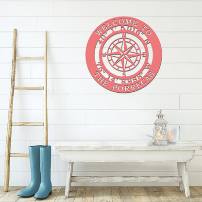 Personalized GPS Compass Metal Quote Sign - Personalized Nautical Wall Art, Family Name & Date - Indoor Outdoor Metal Decor, Housewarming or Wedding Gift for Couples