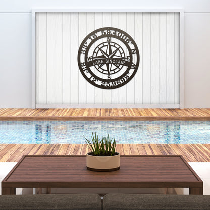 Personalized Name & GPS Coordinates Compass Sign - Personalized Nautical Wall Art, Family Name & Date - Indoor Outdoor Metal Decor, Housewarming or Wedding Gift for Couples