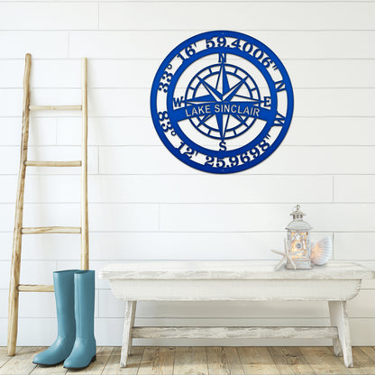 Personalized Name & GPS Coordinates Compass Sign - Personalized Nautical Wall Art, Family Name & Date - Indoor Outdoor Metal Decor, Housewarming or Wedding Gift for Couples