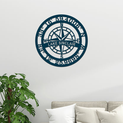 Personalized Name & GPS Coordinates Compass Sign - Personalized Nautical Wall Art, Family Name & Date - Indoor Outdoor Metal Decor, Housewarming or Wedding Gift for Couples