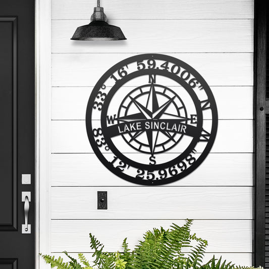 Personalized Name & GPS Coordinates Compass Sign - Personalized Nautical Wall Art, Family Name & Date - Indoor Outdoor Metal Decor, Housewarming or Wedding Gift for Couples