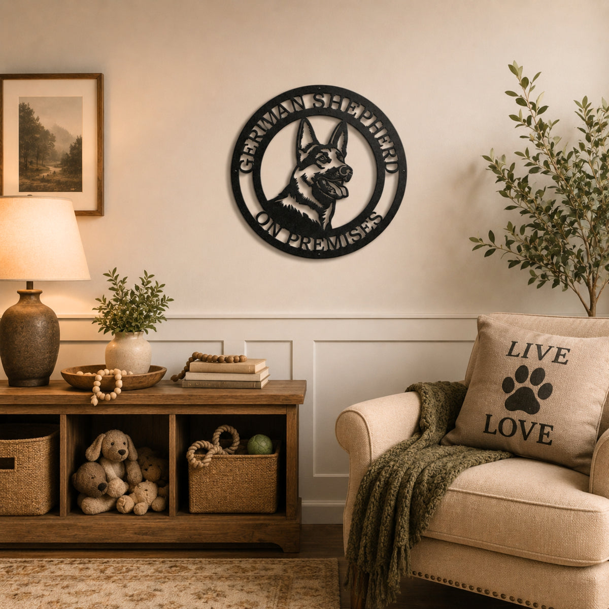 German Shepherd on premises metal wall art displayed above rustic console table in cozy farmhouse living room