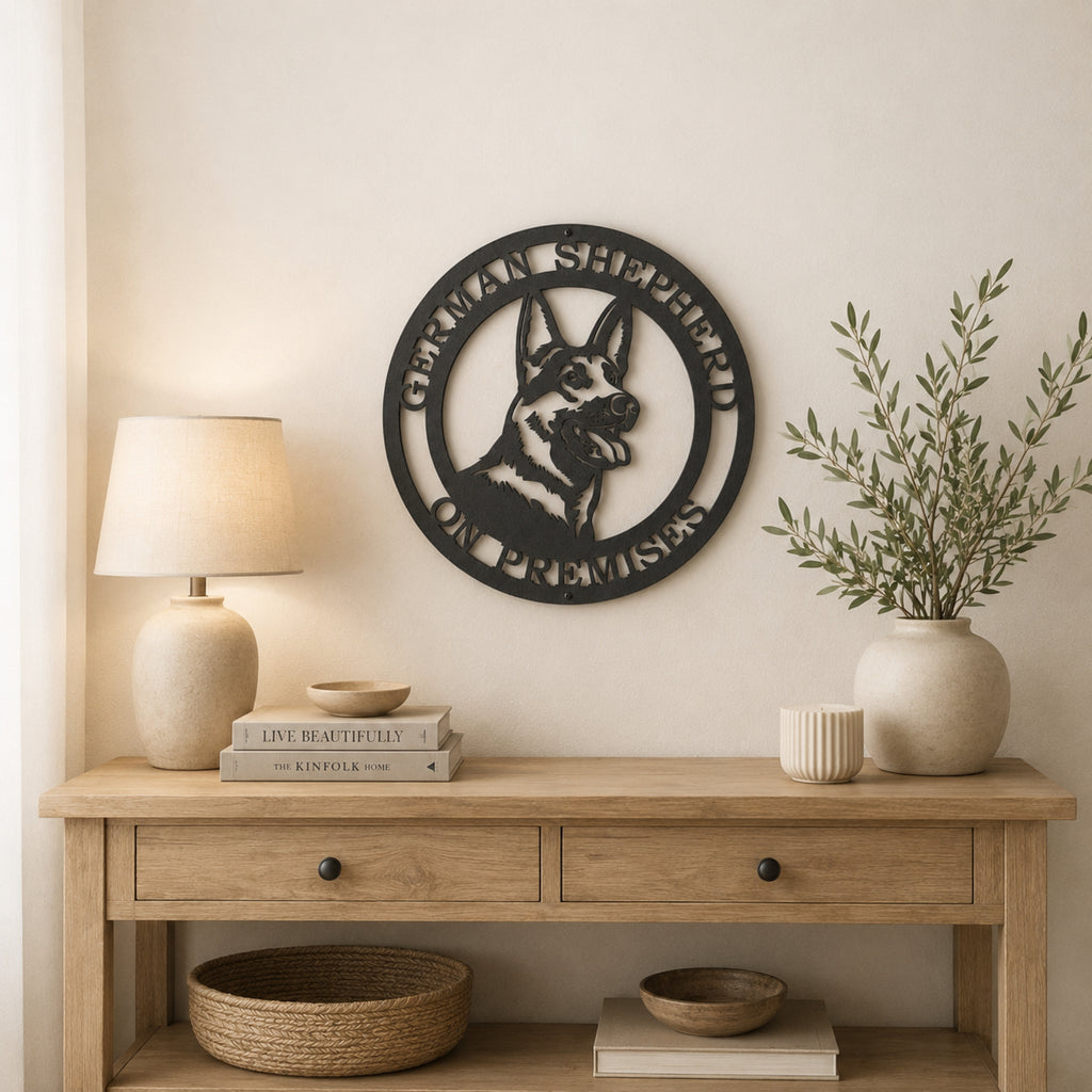 Black German Shepherd on premises metal wall sign displayed above wooden console table with neutral farmhouse decor
