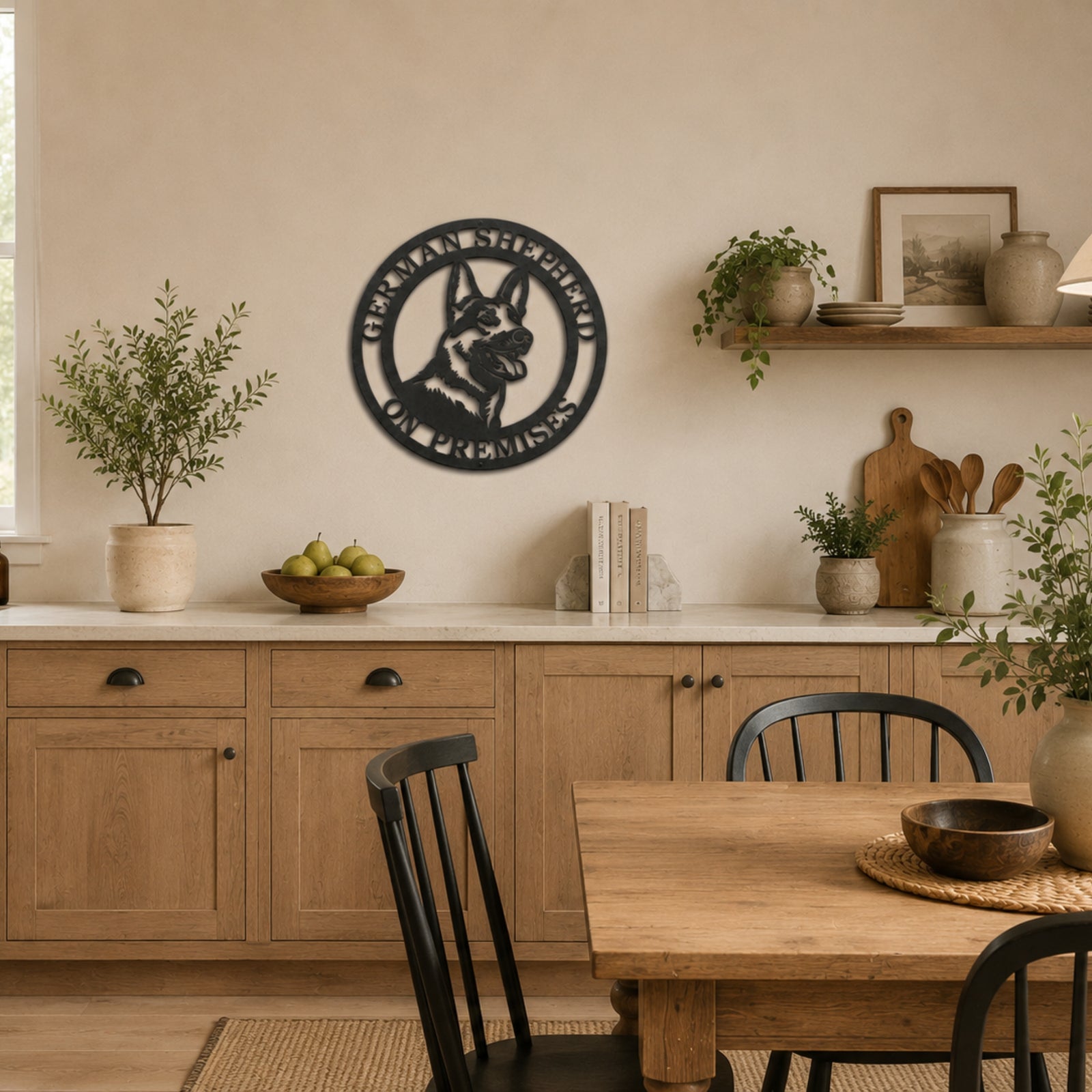 German Shepherd on premises metal wall sign displayed in rustic farmhouse kitchen with wooden dining table