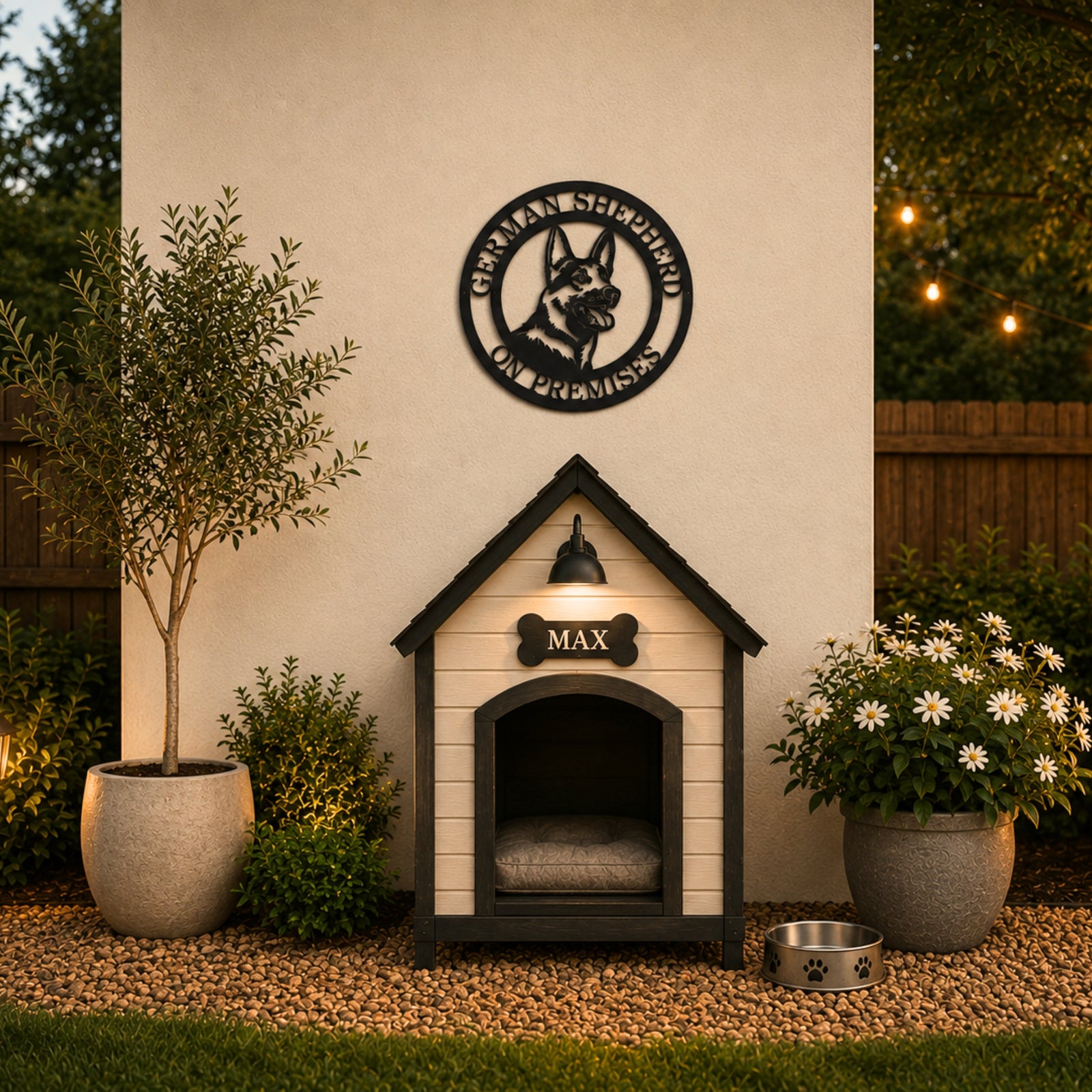 Black German Shepherd on premises metal wall sign displayed above outdoor dog house with modern backyard decor