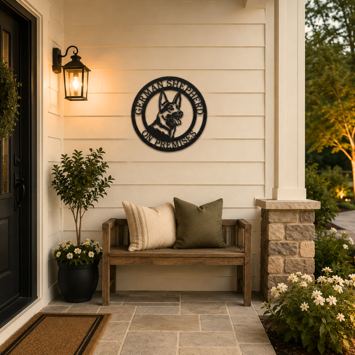German Shepherd on premises metal wall decor mounted on cozy farmhouse porch beside wooden bench and lantern