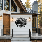 Grecian gold welcome to our cabin metal sign with mountain cabin design displayed inside a cozy lodge living space