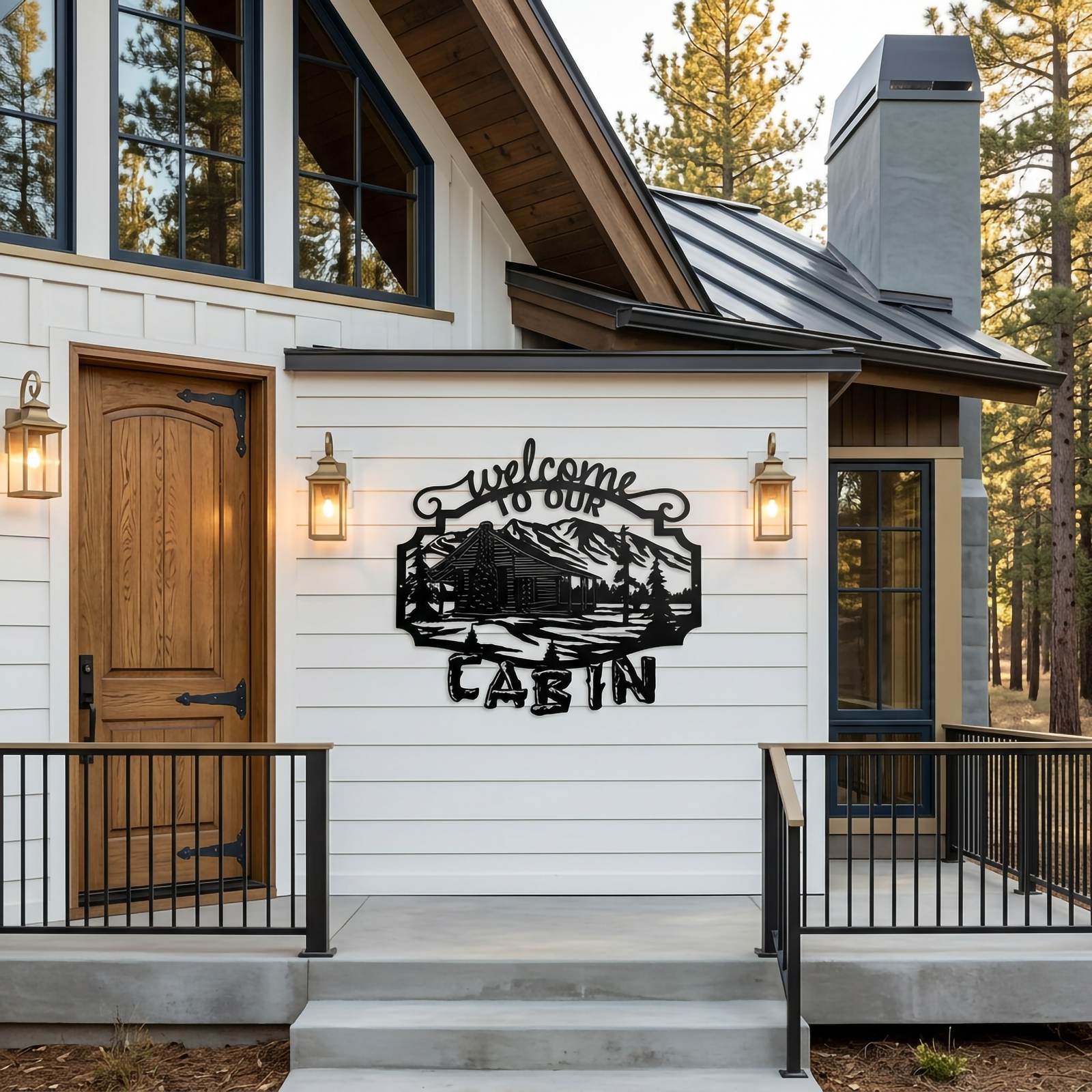 Grecian gold welcome to our cabin metal sign with mountain cabin design displayed inside a cozy lodge living space