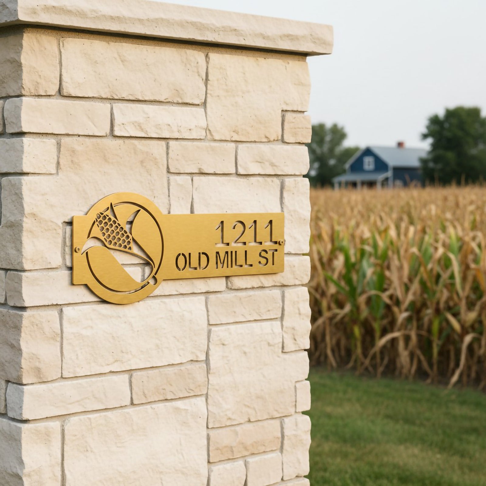 Gold corn address plaque with 1211 Old Mill St mounted on a stone column near a cornfield and country home