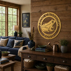 Metallic gold frog crossing pond metal wall decor displayed in rustic living room with pond inspired accents