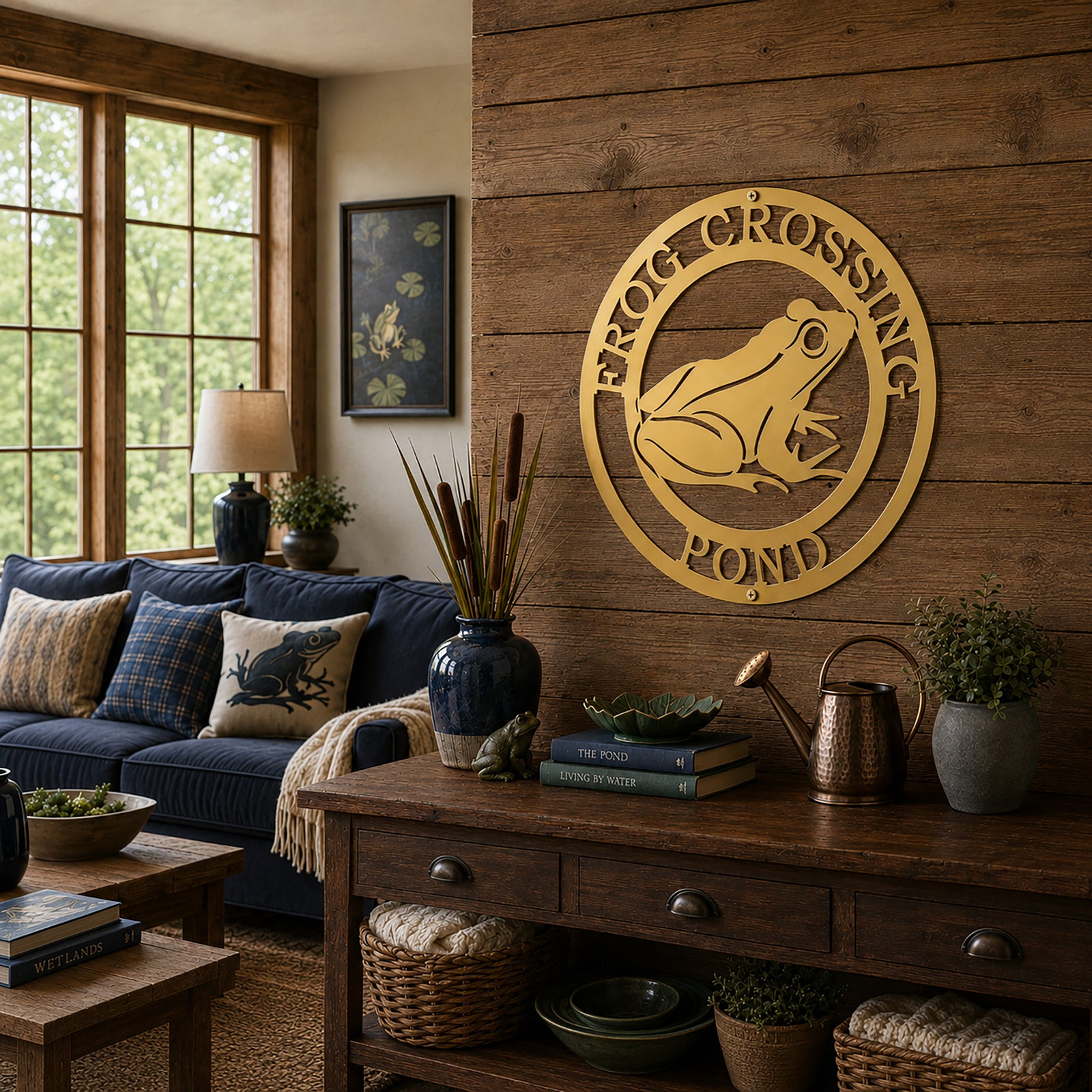 Metallic gold frog crossing pond metal wall decor displayed in rustic living room with pond inspired accents