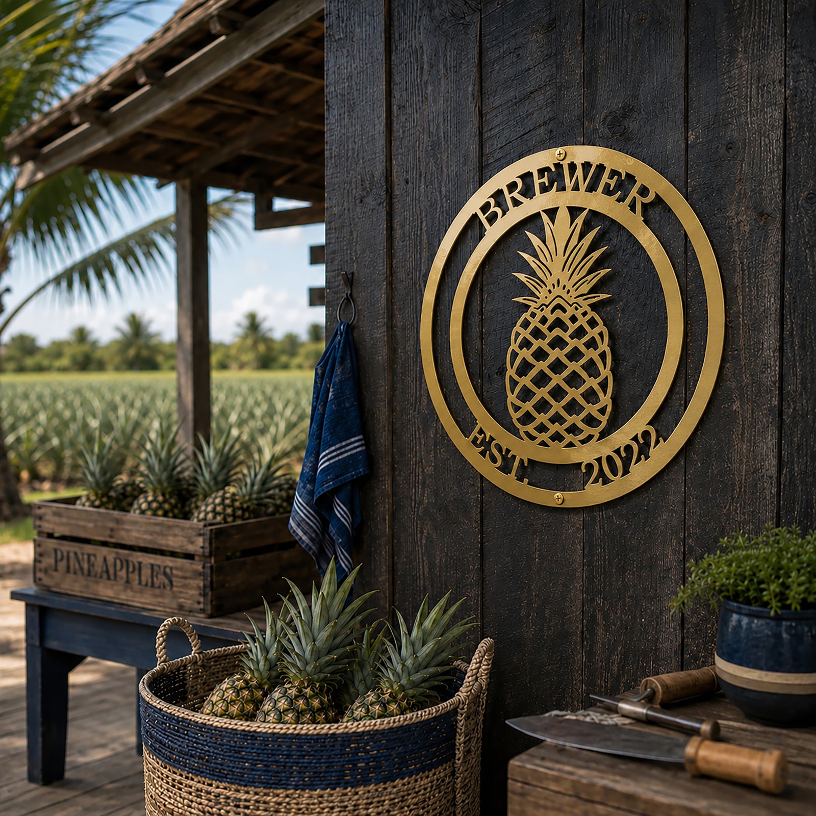 Gold pineapple personalized metal wall sign with Brewer family name displayed on dark tropical outdoor farmhouse wall