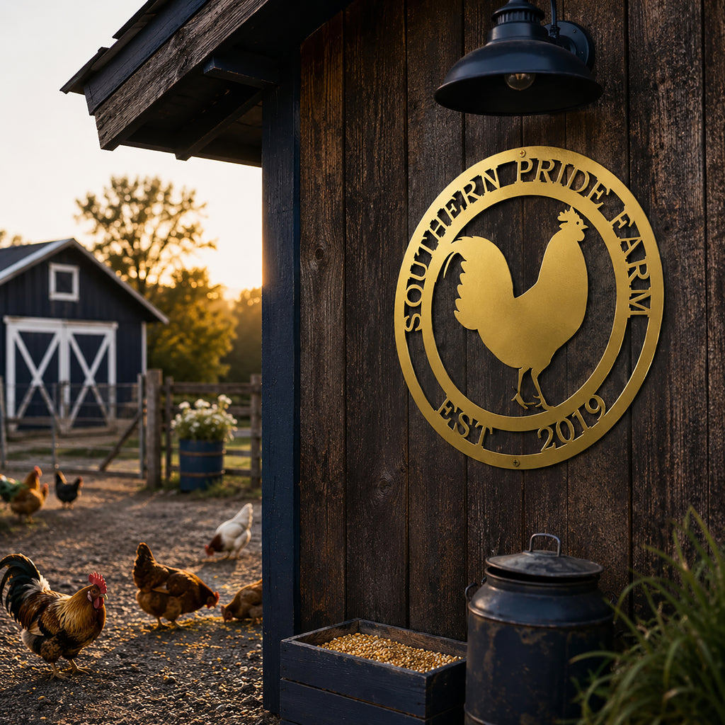 Metallic gold rooster farm metal sign hanging on dark barn wall during sunset with chickens nearby