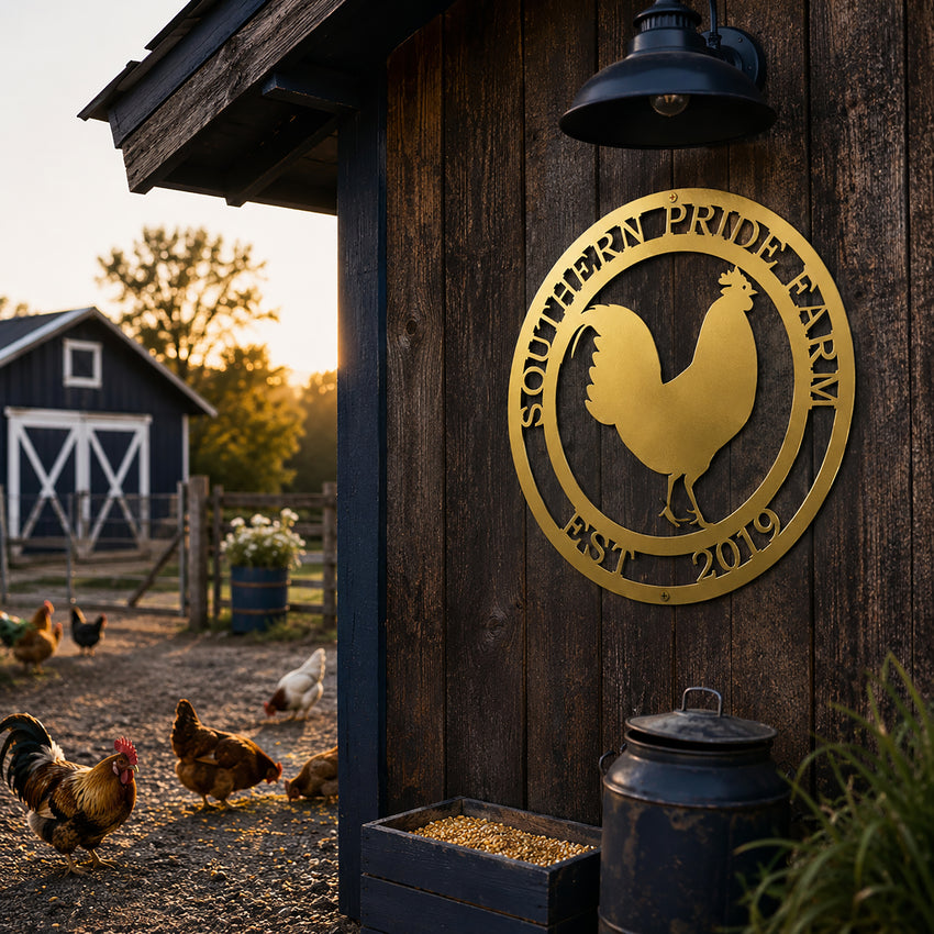 Metallic gold rooster farm metal sign hanging on dark barn wall during sunset with chickens nearby