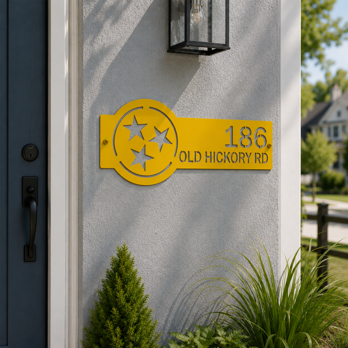 Golden yellow Tennessee tri star metal address sign with custom house numbers and street name for outdoor wall décor