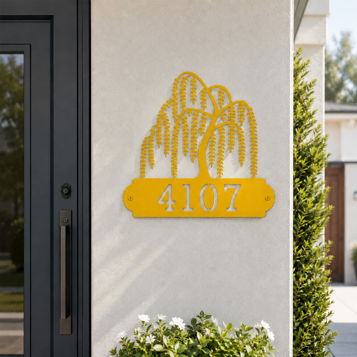Golden yellow willow tree metal address sign with custom house numbers for modern outdoor wall décor