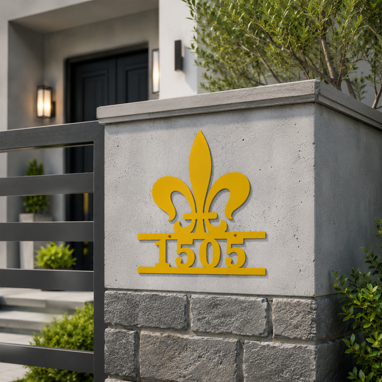 Golden yellow fleur de lis custom metal address plaque mounted on concrete and stone front gate pillar displaying number 1505