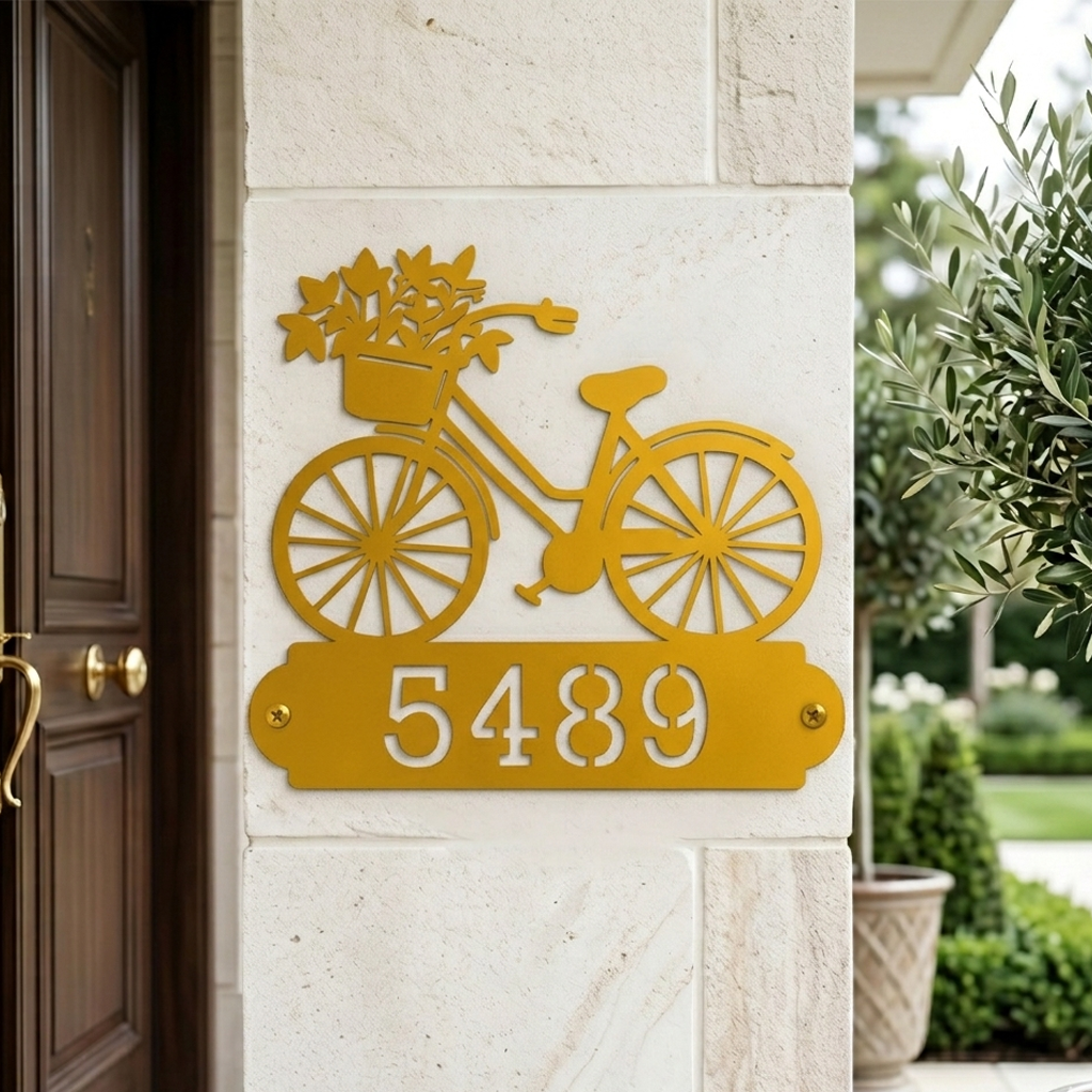 Personalized Metal Address Sign with Vintage Bicycle House Number Design