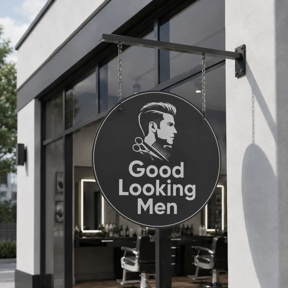 Custom round UV-printed storefront blade sign displaying the Good Looking Men logo design