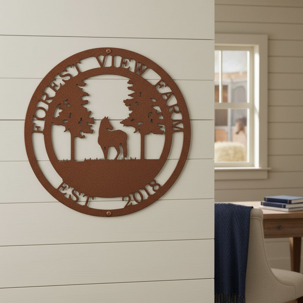 Gray Forest View Farm metal wall sign with horse and forest design displayed on indoor shiplap near equestrian decor