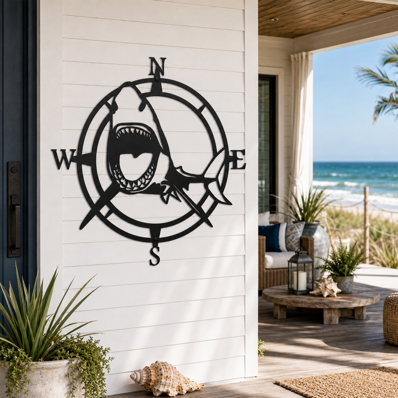 A custom black metal round sign featuring a roaring shark and compass design mounted on the white vertical siding of a coastal home pillar. The background showcases a covered outdoor living deck with a wicker sofa, coffee table, and a wide view of ocean waves crashing on the beach.