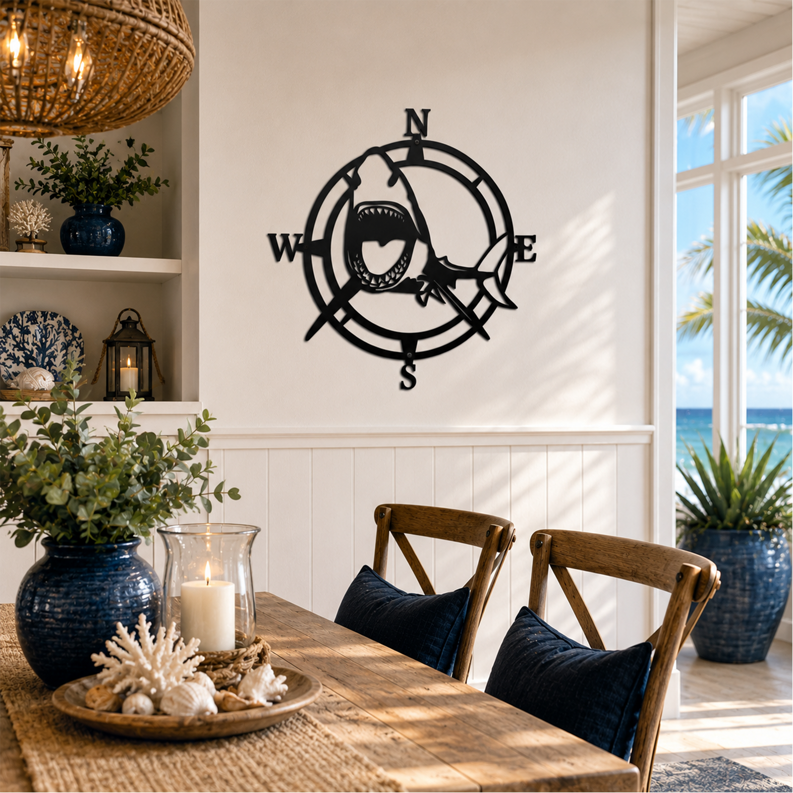 A round black steel nautical compass sign with an integrated great white shark silhouette. The sign is mounted on a white dining room wall next to built-in shelves filled with coastal decor, with a sunny view of palm trees and the ocean through an open window.