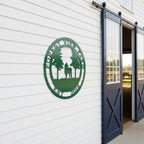Green Forest View Farm metal wall sign with horse and trees displayed on a white porch wall overlooking pasture and barn