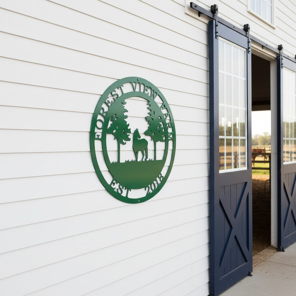 Green Forest View Farm metal wall sign with horse and trees displayed on a white porch wall overlooking pasture and barn
