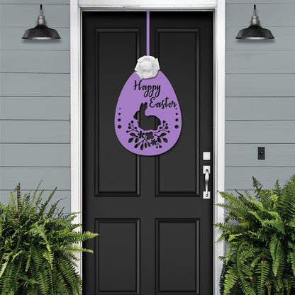 Happy Easter Egg Door Wreath - Customizable Metal Door Decor featuring a purple egg-shaped sign with a bunny and flowers, perfect for home, porch, or garden, durable and rust-resistant.