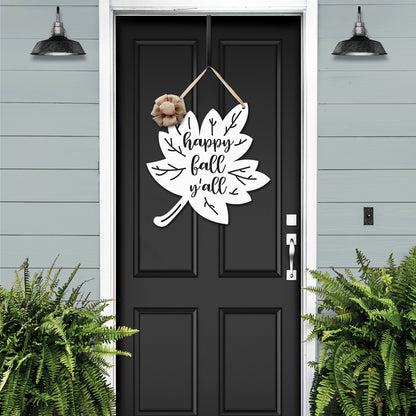 Happy Fall Y'all Metal Leaf Door Wreath displayed on a white door with a burlap bow, accompanied by a fern plant, reflecting its customizable, durable, and inviting seasonal decor appeal.