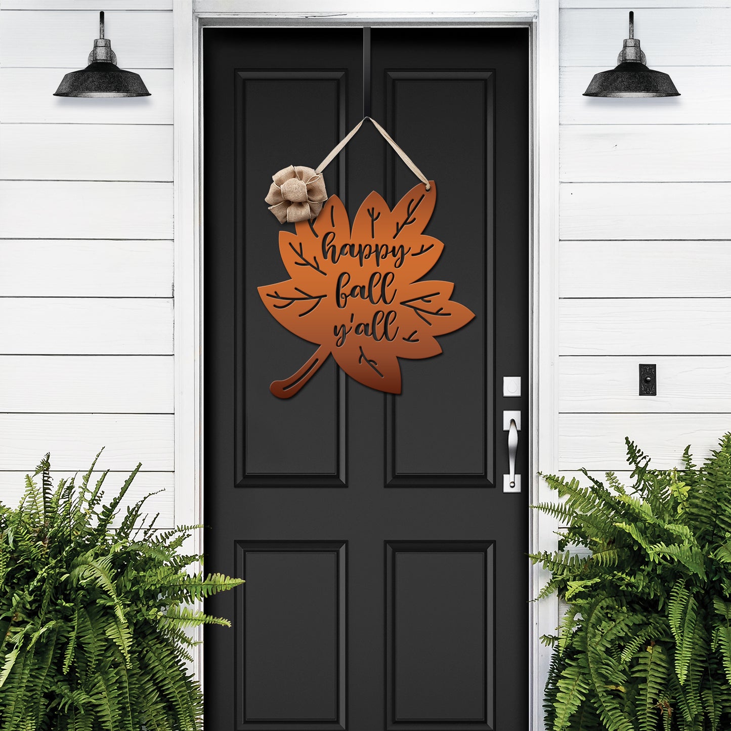 Happy Fall Y'all Metal Leaf Door Wreath hanging on a white door, featuring a rustic design ideal for home or garden decor, customizable in color and ribbon options for seasonal personalization.