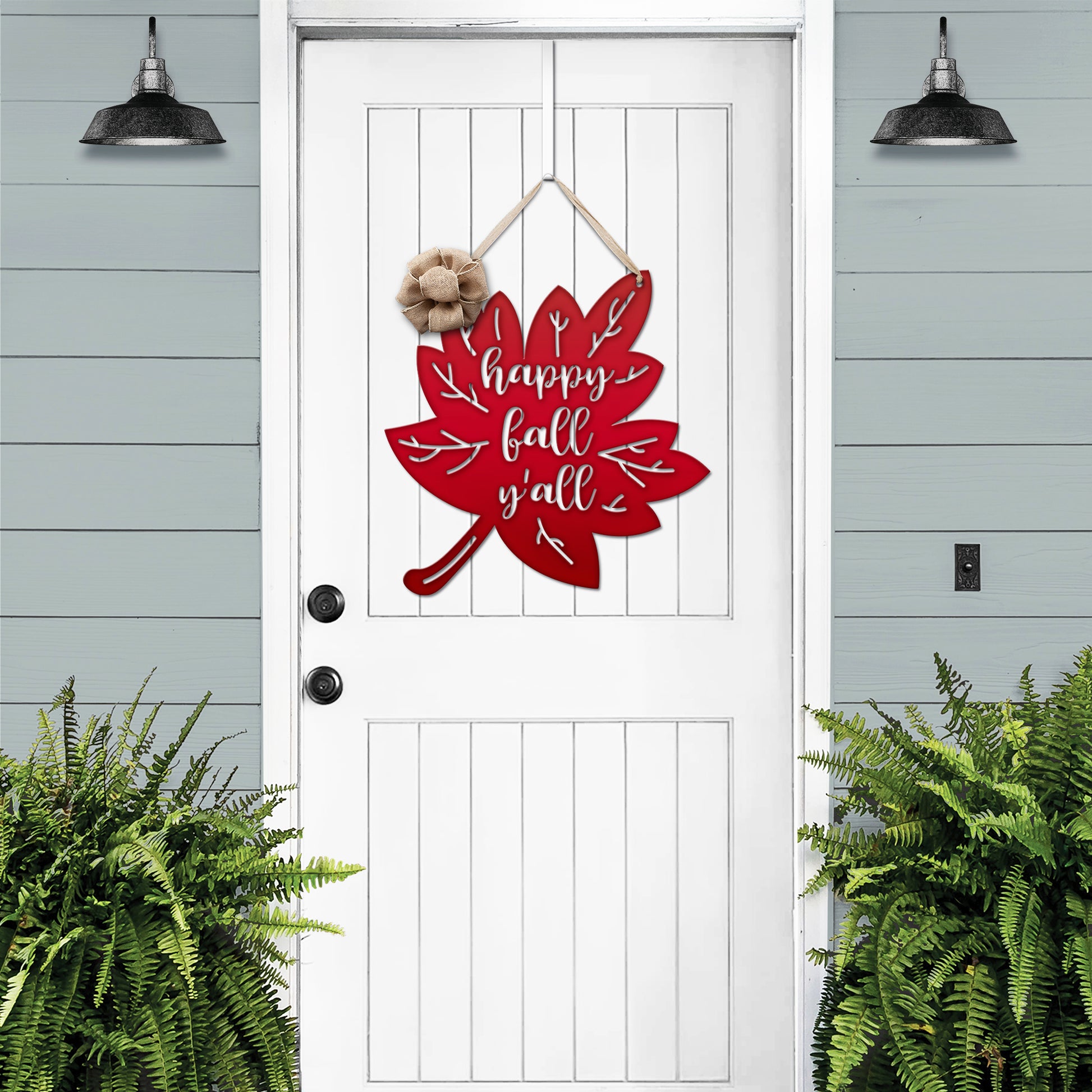 Happy Fall Y'all Metal Leaf Door Wreath displayed on a white door, featuring a red leaf design and burlap flower, perfect for customizable seasonal decor from HouseSensationsArt.