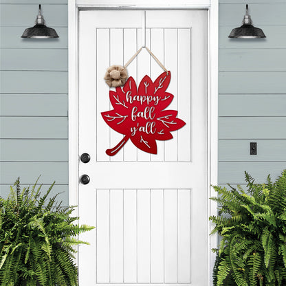 Happy Fall Y'all Metal Leaf Door Wreath displayed on a white door, featuring a red leaf design and burlap flower, perfect for customizable seasonal decor from HouseSensationsArt.