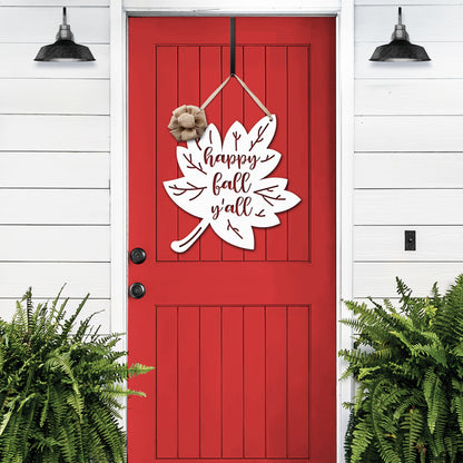 Happy Fall Y'all Metal Leaf Door Wreath with burlap bow on a red door, showcasing customizable metal decor for home, porch, or garden, ideal for celebrating the Fall season.