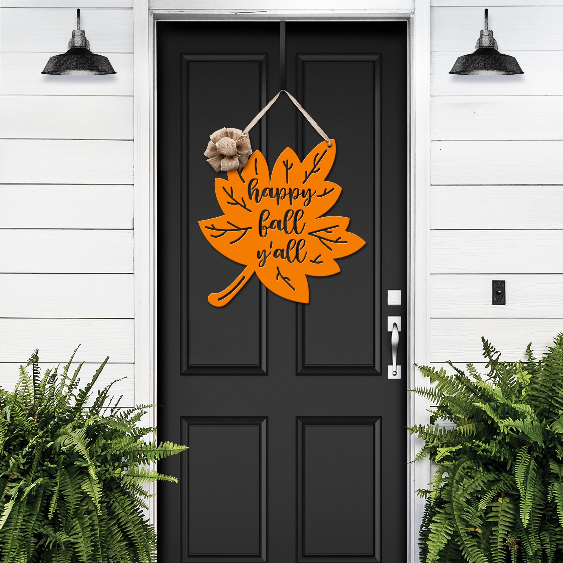 Happy Fall Y'all Metal Leaf Door Wreath, featured on a black door, exemplifies customizable and durable door decor, perfect for home or garden, offering a personalized seasonal welcome.