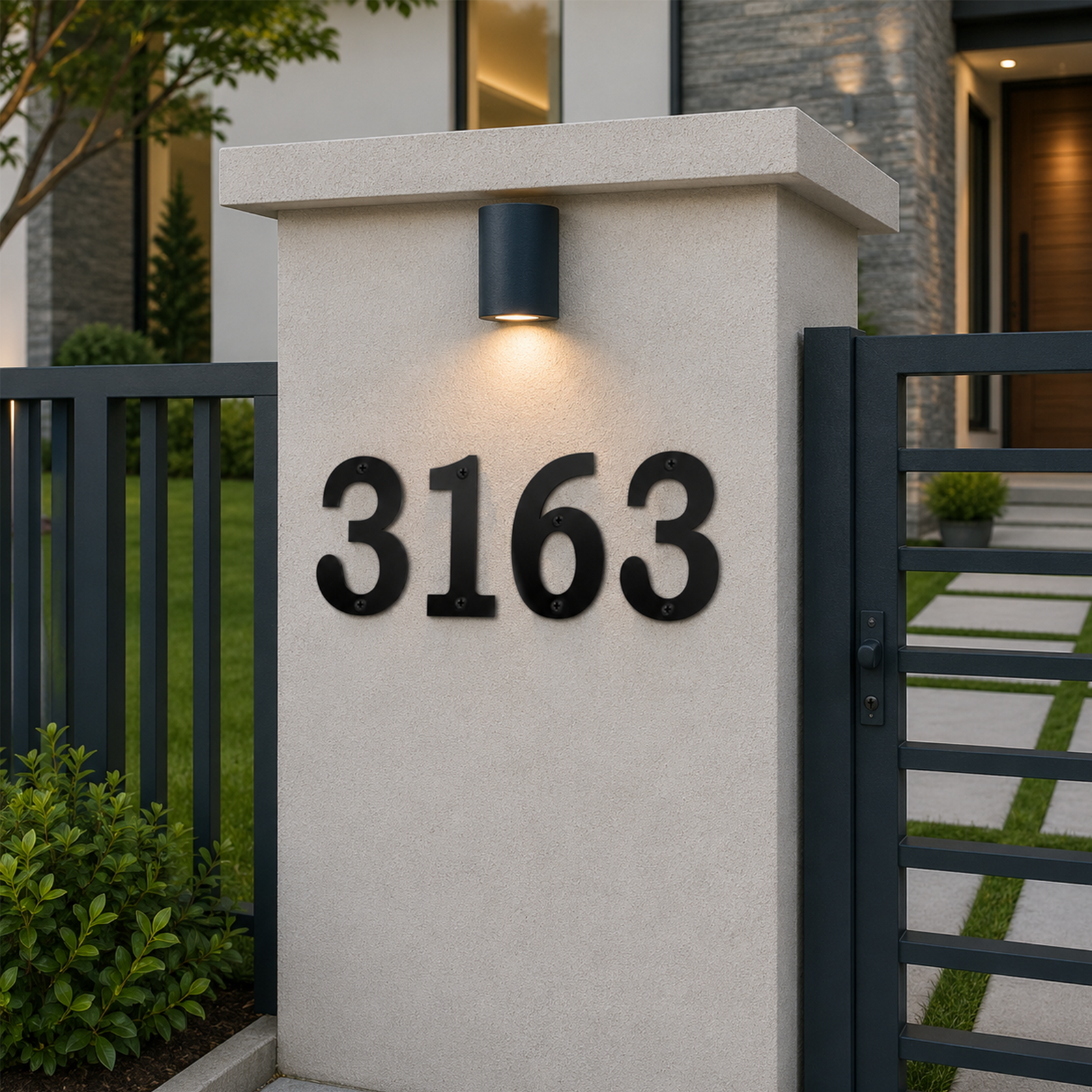Solid black traditional-style house numbers showing "3163" mounted on a concrete pillar at a property entrance. An overhead light accentuates the numbers, which are framed by a dark vertical bar fence on the left and a matching secure entrance gate on the right.