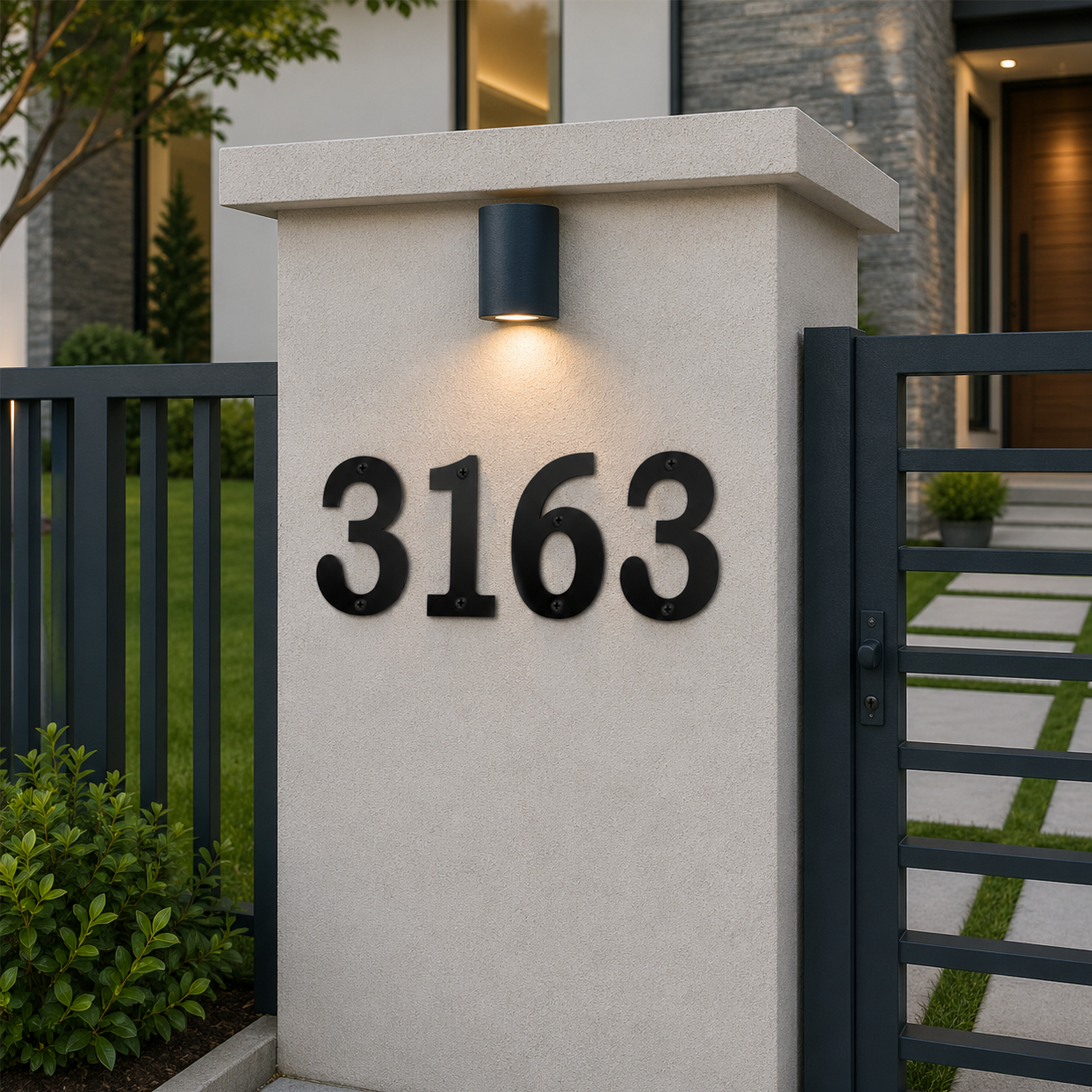 Solid black traditional-style house numbers showing "3163" mounted on a concrete pillar at a property entrance. An overhead light accentuates the numbers, which are framed by a dark vertical bar fence on the left and a matching secure entrance gate on the right.