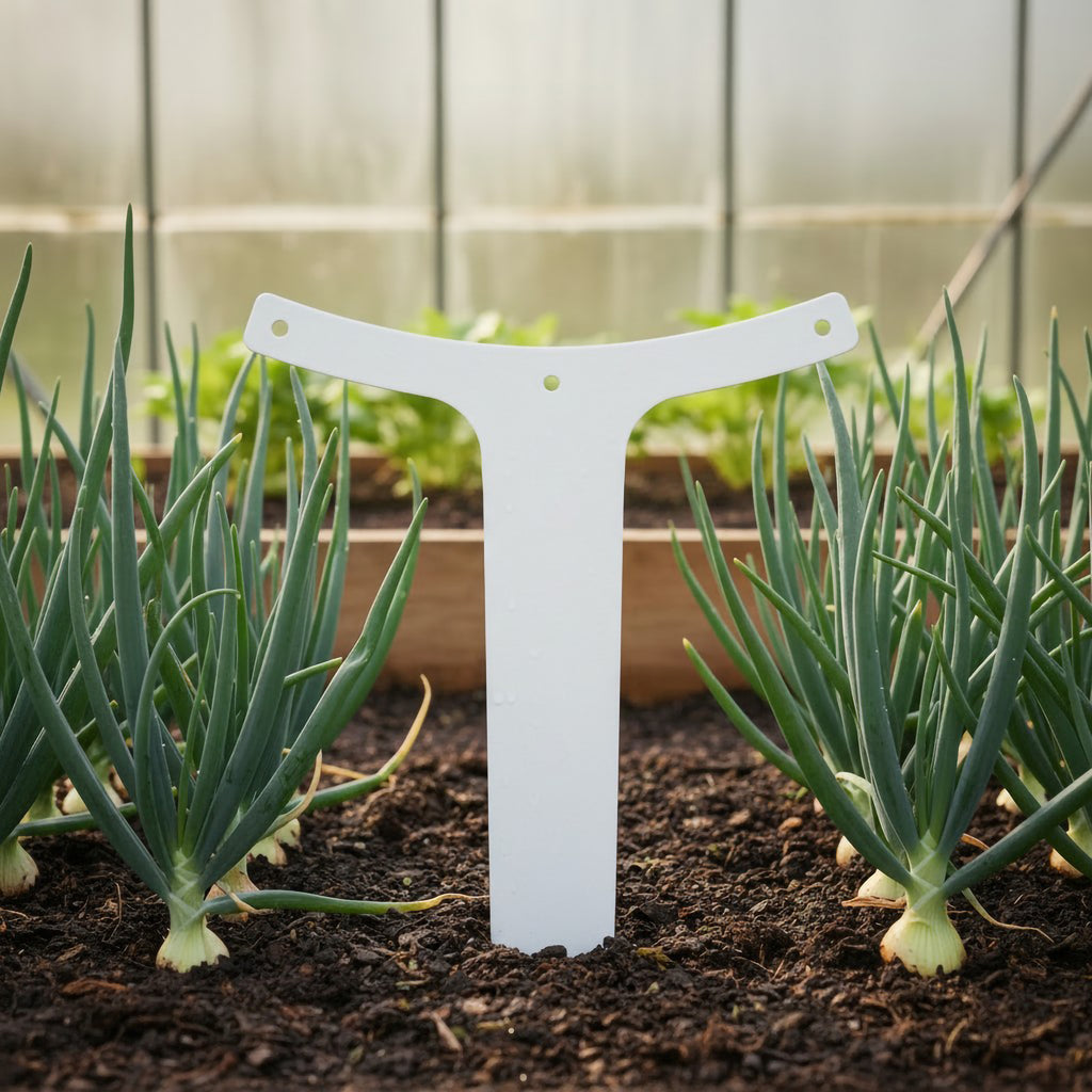 A solid white T-shaped metal garden marker placed in dark soil between two mature green onion plants with visible white bulbs growing in a greenhouse.
