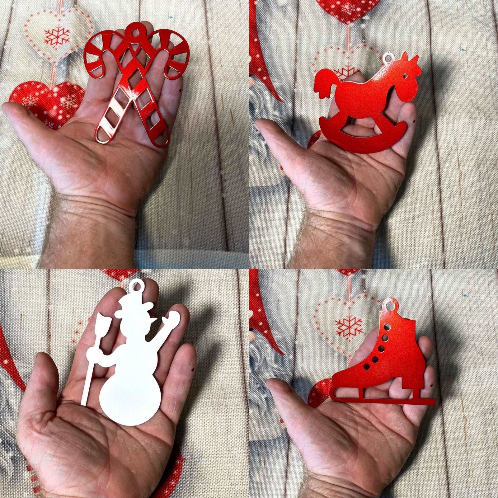 Collage of red and white Christmas tree ornaments held in hand against wooden background, festive holiday decorations for seasonal décor and Christmas tree display